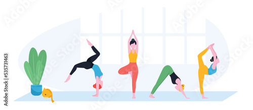 Office people practicing yoga and meditation. Managers exercising and meditating in lotus pose during work break. Can be used for mindfulness, business and relaxing