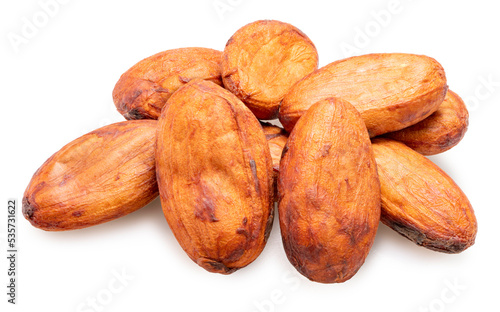 Roasted Cocoa beans isolated on white background, Roasted Cocoa beans on white With work path.