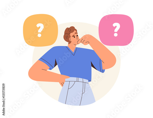 Puzzled questioned person doubting in decision, right choice making. Confused man deciding, choosing between variants. Dilemma concept. Flat graphic vector illustration isolated on white background