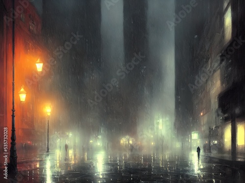 Night Gotham in the rain. Oil paints, illustration. © Korney