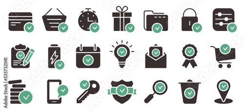 Checkmark Success Good Service Silhouette Icon Set. Confirmed Check Mark Quality Approved Stamp Glyph Pictogram. Guarantee Seal Icon Award Symbol. Approval Check Mark. Isolated Vector Illustration