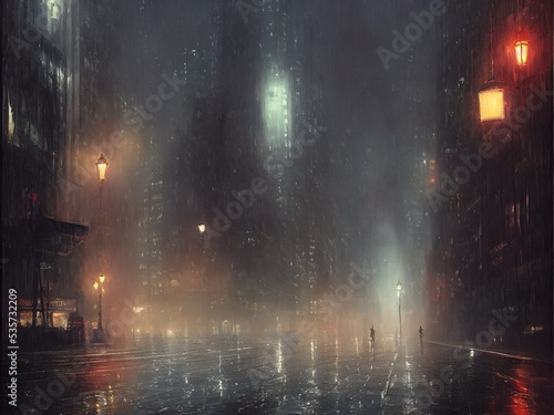 Night Gotham in the rain. Oil paints  illustration.