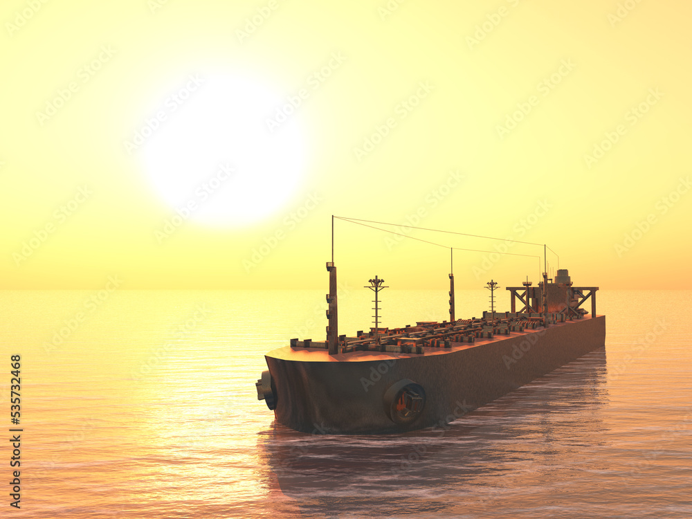 Fototapeta premium Frachtschiff bei Sonnenuntergang