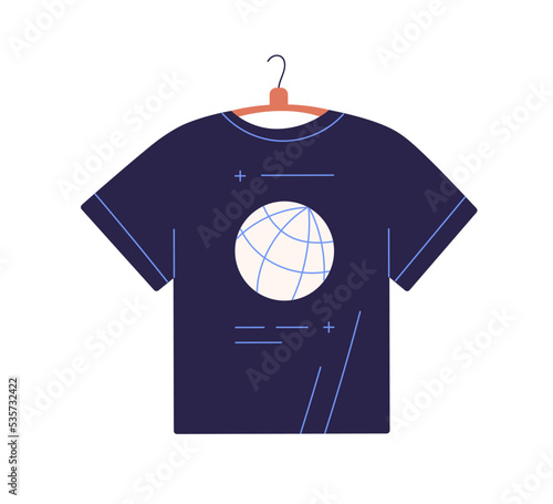 T-shirt on wood hanger. Casual tshirt, men clothing hanging. Male garment, ap...