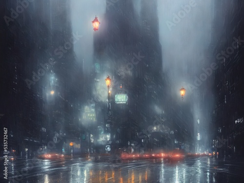 Night Gotham in the rain. Oil paints  illustration.