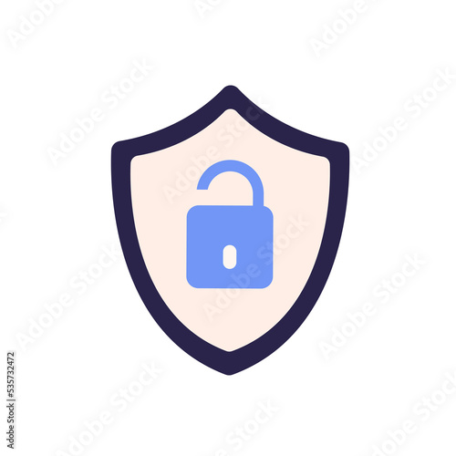 Open unlocked padlock in shield icon. Cyber attack symbol, insecure unsafe bad hacked password, access to secret and privacy concept. Flat vector illustration isolated on white background