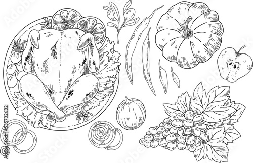 Black and white hand drawn of fried chicken food, fruit, and etc. Illustration vector food, chicken,and fruit