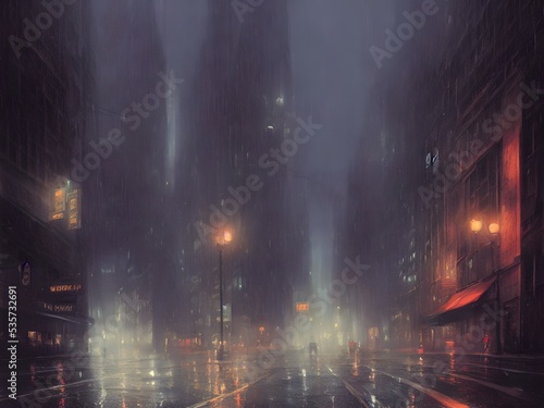 Night Gotham in the rain. Oil paints, illustration. © Korney