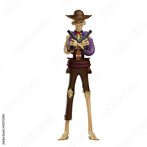 3D illustration. Cruel Skull Cowboy Cartoon has two guns. by showing a slightly lowered face. arms crossed forward. 3D Cartoon Character