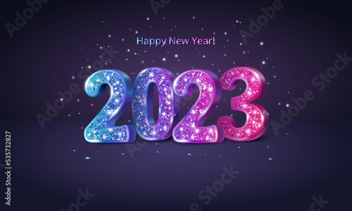 2023 volumetric sparkling glitter numbers on dark background. Blue to pink colorful gradient. Happy new year banner. Vector decoration. For Christmas and holiday cards, party posters.