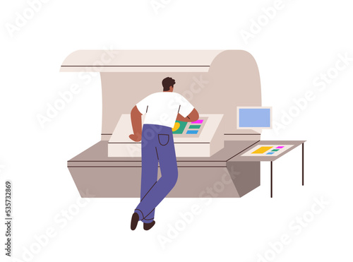Industrial color proof machine and polygraphy worker. Work of professional equipment, prepress CMYK colour check, control in typography industry. Flat vector illustration isolated on white background