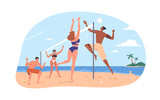 People playing beach volleyball on summer holiday. Players teams on sand court with net at sea coast. Volley ball game at seaside. Flat graphic vector illustration isolated on white background