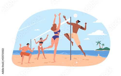 People playing beach volleyball on summer holiday. Players teams on sand court with net at sea coast. Volley ball game at seaside. Flat graphic vector illustration isolated on white background