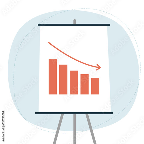 Flipchart with decline chart. Fall statistics on tablet, crisis. 