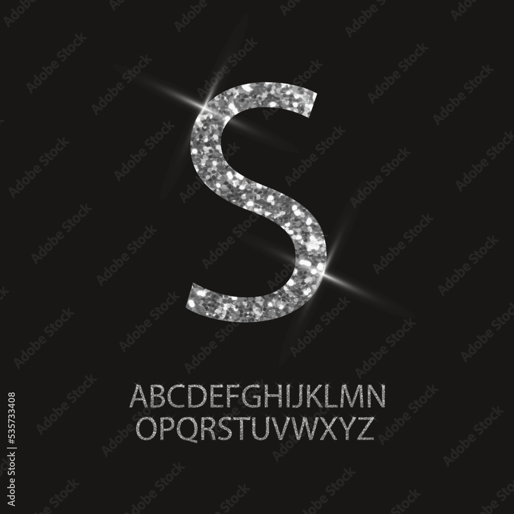 Naklejka premium Glitter silver alphabet. 26 english luxury sparkling letters. Vector design.