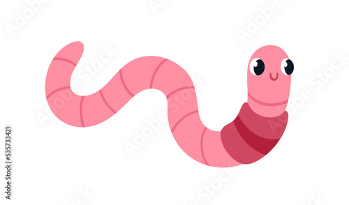 Cute earth worm. Happy smiling earthworm crawling. Amusing adorable insect ch...