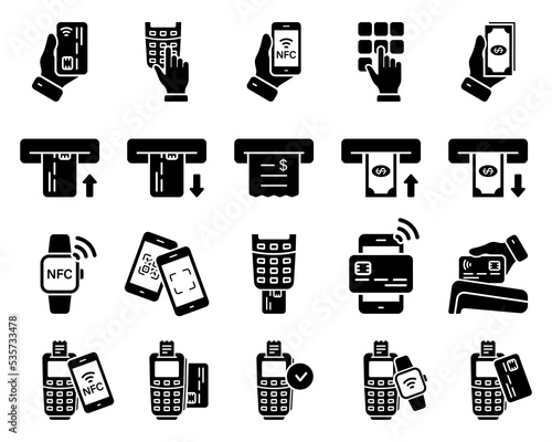 Contactless Payment by Mobile Phone, Credit Card on POS Silhouette Icon Set. Cashless Wireless Pay Transaction by NFC Technology Glyph Pictogram. ATM Withdraw Icon. Isolated Vector Illustration