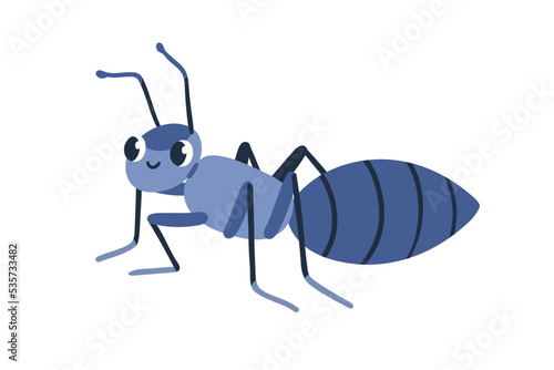 Cute ant. Funny smiling insect character. Happy adorable sweet small bug crawling. Childish flat graphic vector illustration isolated on white background