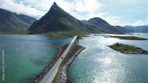 Norway Lofoten scneic shot bridge car aerial shot | Dji Air2s photo