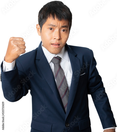 Portrait of businessman with winner gesture.