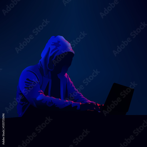 Hacker in dark. Hooded figure on computer. Cyber security person. Black hat hacking. Neon light theme. Vector illustration.