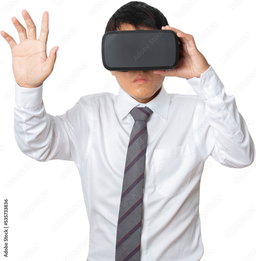 portrait businessman wearing VR Headset touching something.