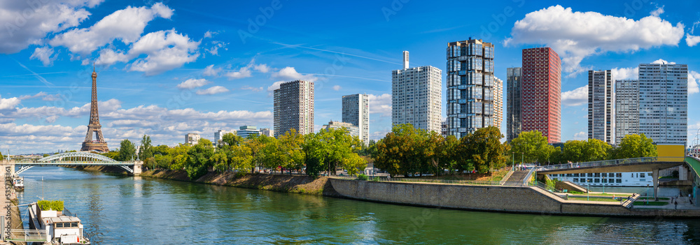 Skyline panorama of Beaugrenelle district of Paris with Eiffel Tower in the background. France