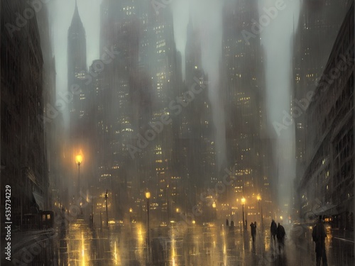Night Gotham in the rain. Oil paints  illustration.