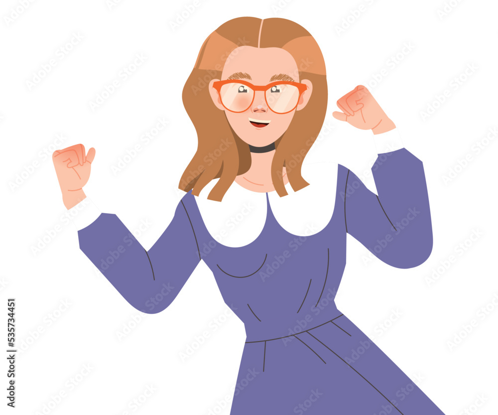 Excited Female in Glasses with Clenched Fists Cheering About Good News Expressing Emotion Vector Illustration Excited Female in Glasses with Clenched Fists Cheering About Good News Expressing Emotion Vector Illustration