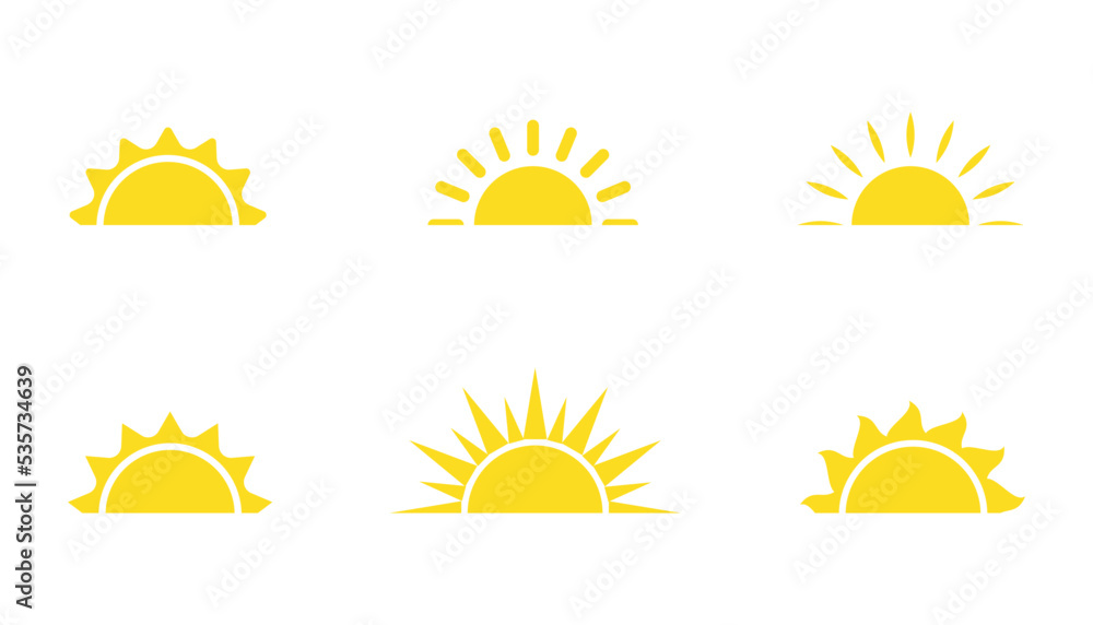 Set of sun flat cartoon icon. Elements for logo of sunrise, sunset. Graphic  symbol different shapes, half sun with rays for design app weather.  Isolated on white vector illustration eps 10 Stock