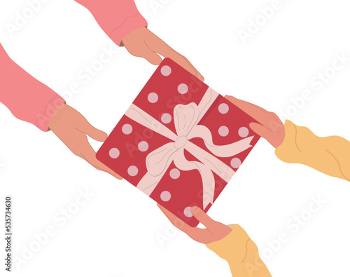 Holiday gift ,giveaway, love ,congratulation.Hands pass a gift to other hands. Christmas, New Year celebration illustration. Vector