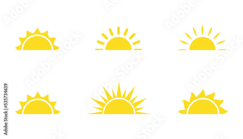 Set of sun flat cartoon icon. Elements for logo of sunrise, sunset. Graphic symbol different shapes, half sun with rays for design app weather. Isolated on white vector illustration eps 10