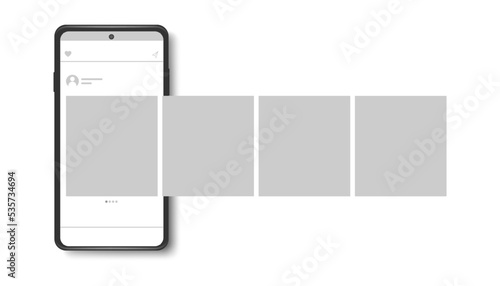 Carousel interface post on social network. Mock up of smartphone. Mobile application on the screen of realistic phone. Vector illustration on white background.