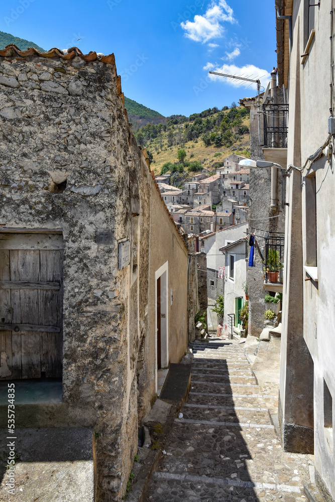 A narrow street in Morano Calabro, a mountain village in Calabria, Italy.