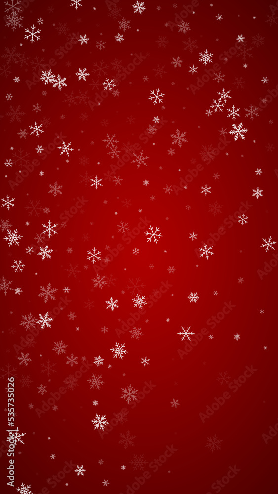 Magic falling snow christmas background. Subtle flying snow flakes and stars on christmas red background. Magic falling snow holiday scenery. Vertical vector illustration. Magic falling snow christmas background. Subtle flying snow flakes and stars on christmas red background. Magic falling snow holiday scenery. Vertical vector illustration.
