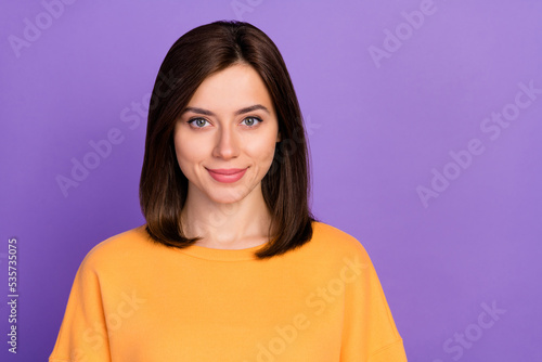 Closeup photo of young attractive pretty girlish nice lady positive wear orange shirt autumn comfortable season worker isolated on purple color background