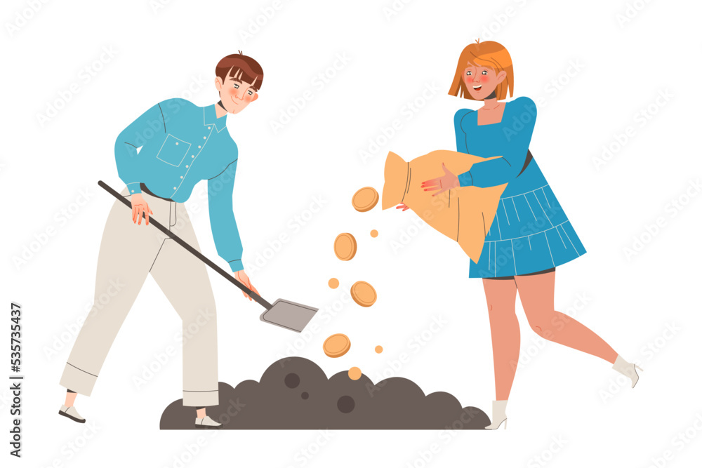 Man and Woman with Golden Coins and Shovel Seedling or Planting Money Tree in Soil Vector Illustration