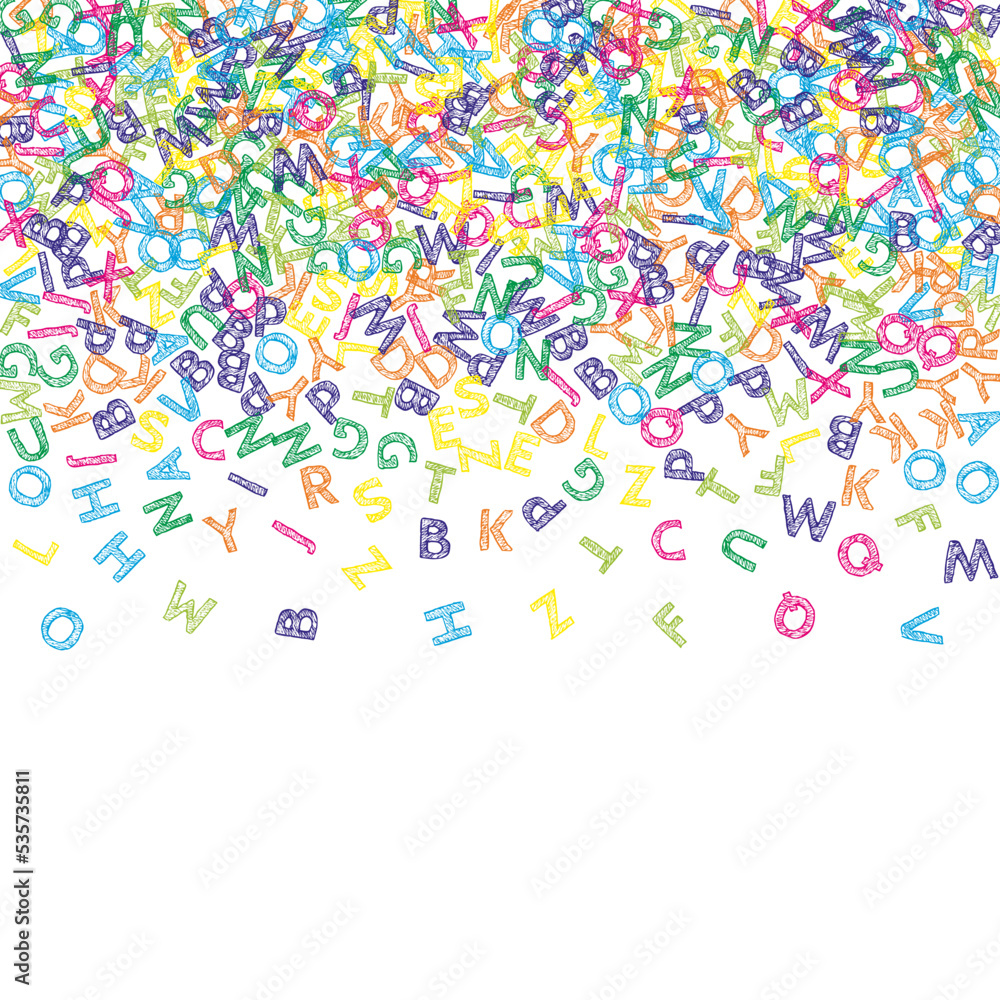 Falling letters of English language. Colorful sketch flying words of Latin alphabet. Foreign languages study concept. Magnetic back to school banner on white background. Falling letters of English language. Colorful sketch flying words of Latin alphabet. Foreign languages study concept. Magnetic back to school banner on white background.