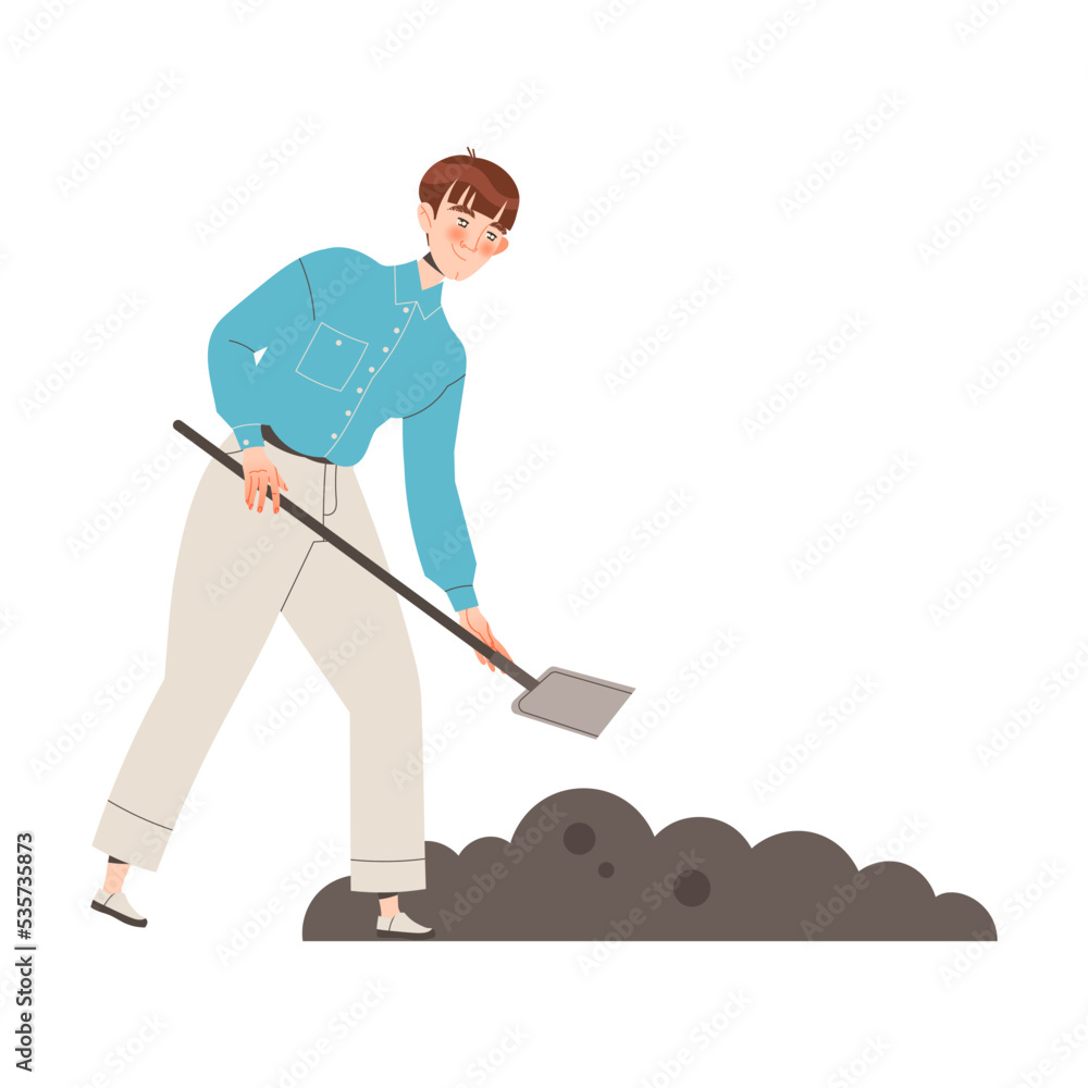 Young Man with Shovel Digging Soil or Ground in the Garden or Yard Vector Illustration Young Man with Shovel Digging Soil or Ground in the Garden or Yard Vector Illustration