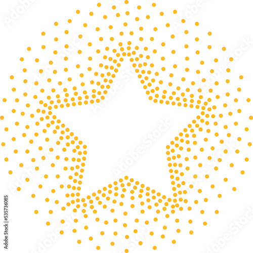 Vector halftone circular frame, star shape, blank space for text, random dots design elements. Texture with trendy retro effect, decorative advertising sign, circles, new year, Christmas, glitter, art