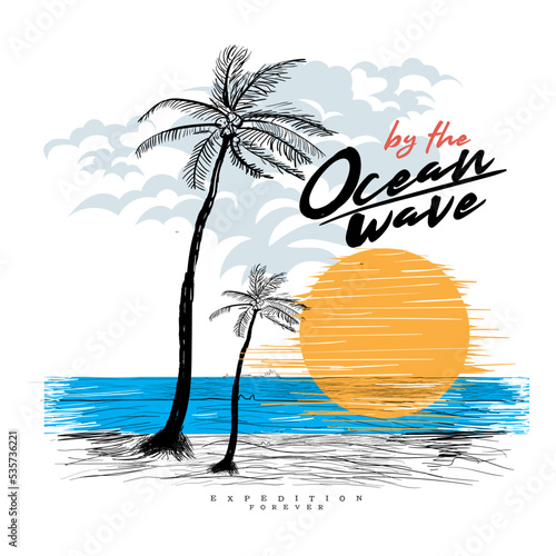 Hand drawn palm tree with beach and sun, summer beach slogan, ocean wave  with beach surf sandals illustration sunset slogan with hand drawn surf board and camera on beach background
