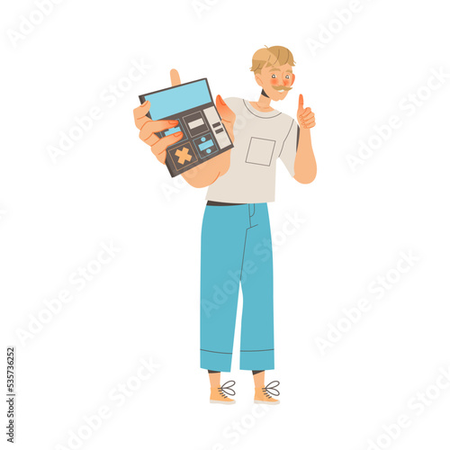 Young Mustached Man with Calculator Showing Thumb Up Gesture Engaged in Economic and Financial Investing Vector Illustration