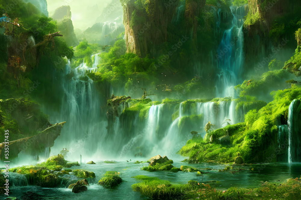 An amazing fantasy forest with towering waterfalls. An amazing fantasy forest with towering waterfalls.