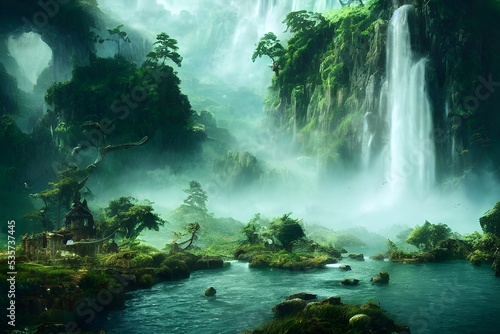 An amazing fantasy forest with towering waterfalls. 