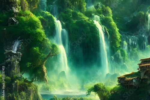 An amazing fantasy forest with towering waterfalls. 