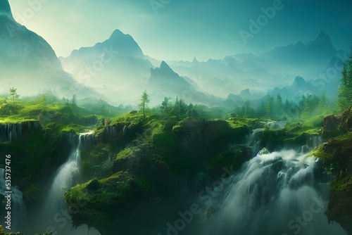 An amazing fantasy forest with towering waterfalls. 