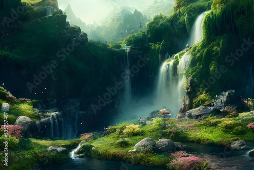 An amazing fantasy forest with towering waterfalls.  © ECrafts