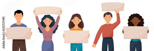 People stand with empty signs in their hands and protest. Men and women are holding a blank placard with space for text. Fight for rights. Vector flat illustration.