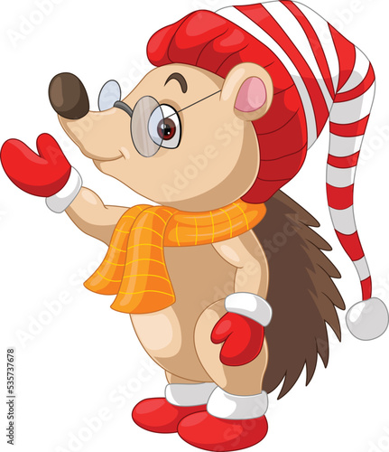 Cartoon cute hedgehog wearing hat and scarf