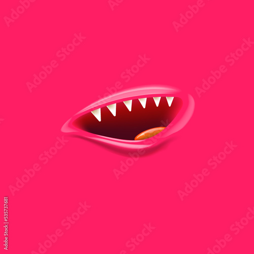 Vector Cartoon vampire mouth with fangs isolated on pink background. Funny and cute pink Halloween Monster mouth with teeth and tongue